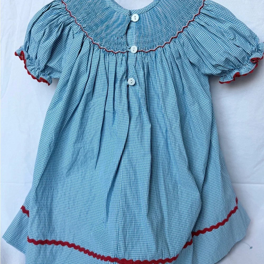 Smock Monkey Baby Top with Blue Gingham Trim - White